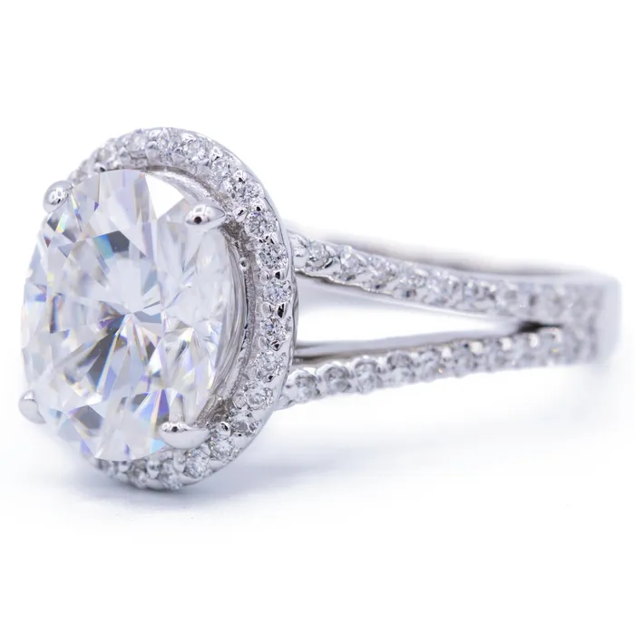 9x7mm Oval Center 14K White Gold Halo Split Shank Diamond Ring Fire Brilliance Rings