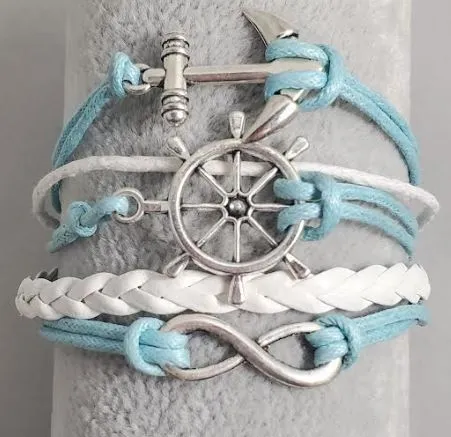 alice AZ383 Light Blue White Anchor Ship Wheel Infinity Leather Layer Bracelet Bracelets