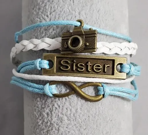 alice Bracelets AZ1171 Light Blue White Sister Camera Infinity Layer Leather Bracelet