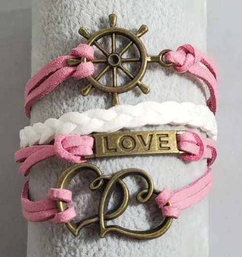 alice Bracelets AZ787 Pink White Love Heart Ship Wheel Infinity Leather Layer Bracelet