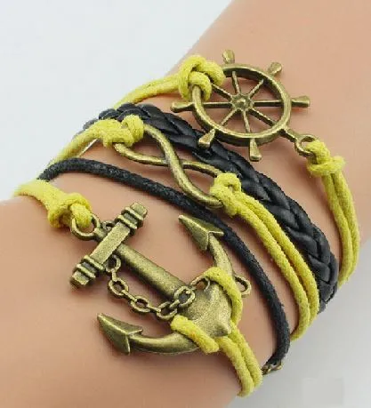 alice Bracelets B1208 Yellow Anchor Ship Wheel Leather Layer Bracelet