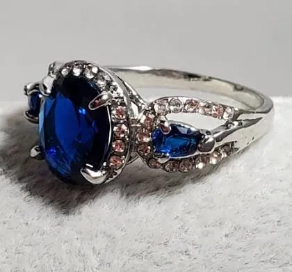 alice R271 Silver Royal Blue Gem Rhinestone Ring Rings