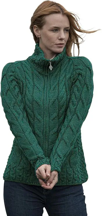 Aran Woollen Mills Earrings Merino Shaped Zipper Cardigan