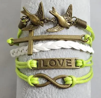 AZ1046 Lime Green White Dove Cross Love Infinity Layer Leather Bracelet alice Bracelets AZ1046 Lime Green White Dove Cross Love Infinity Layer Leather Bracelet alice Bracelets