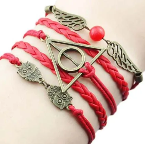AZ1323 Red Owl Wing Deathly Hallows Infinity Layer Leather Bracelet alice Bracelets