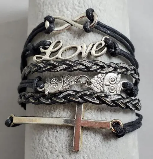 AZ1491 Black Love Owl Cross Infinity Layer Leather Bracelet alice Bracelets