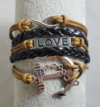 AZ1498 Brown Black Love Anchor Infinity Layer Leather Bracelet alice Bracelets