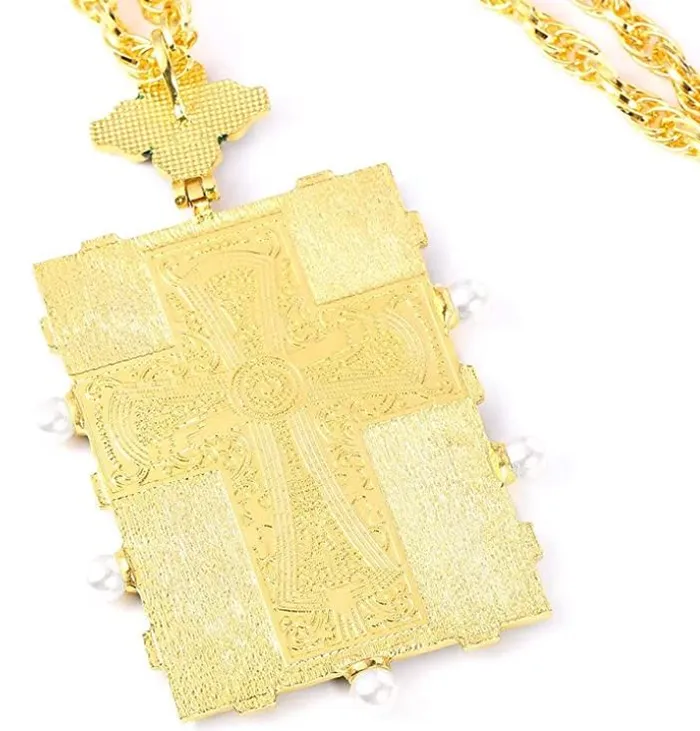 AZ207 Gold Large Square Cross Pendant Extra Long Necklace with FREE Earrings alice Necklaces