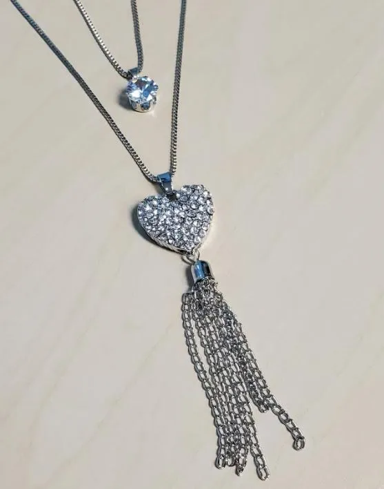AZ313 Silver Rhinestone Heart Tassel Necklace with FREE Earrings POLLY Necklaces AZ313 Silver Rhinestone Heart Tassel Necklace with FREE Earrings POLLY Necklaces