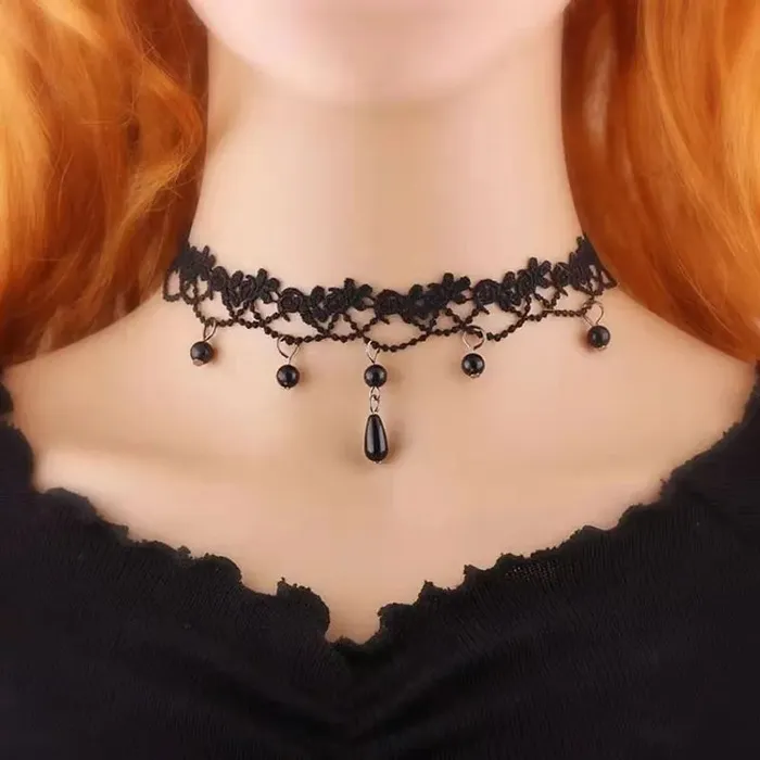 AZ661 Lace Rhinestones Womens Choker with Free Earrings 01 Earrings