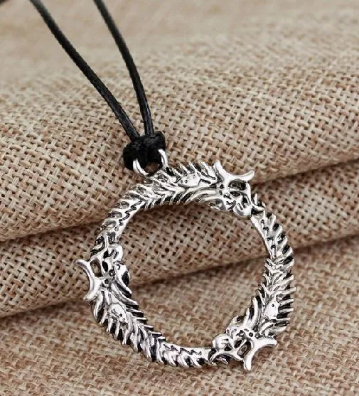 AZ80 Silver Self Devouring Dragon on Leather Cord Necklace with FREE Earrings alice Necklaces AZ80 Silver Self Devouring Dragon on Leather Cord Necklace with FREE Earrings alice Necklaces