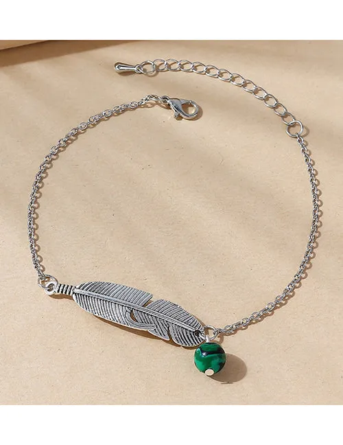 B1273 Silver Feather Green Bead Ankle Bracelet 02 Bracelets