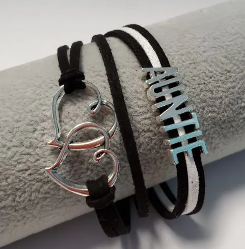 B214 Black Auntie Hearts Leather Layered Bracelet polly Bracelets
