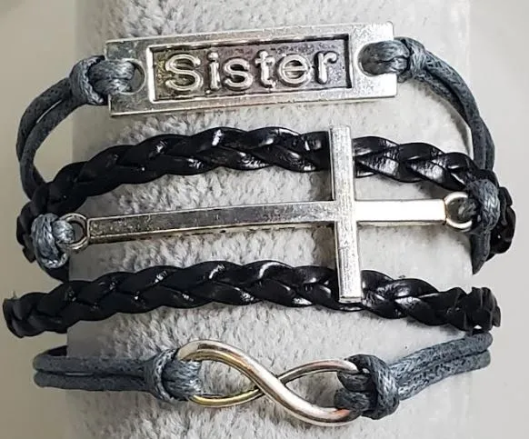 B279 Gray Black Sister Cross Infinity Leather Layer Bracelet alice Bracelets