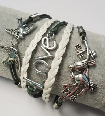B345 Green White Birds Love Leather Bracelet polly Bracelets