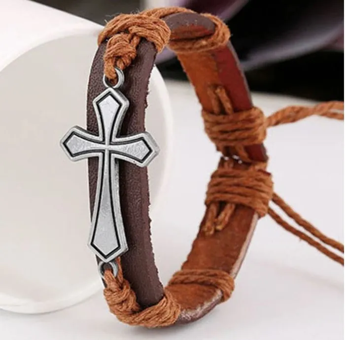 B494 Brown Leather Cross Light Brown Cord Bracelet POLLY Bracelets