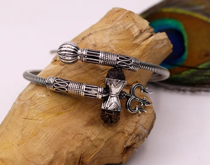 Bracelets 925 sterling handmade gorgeous Rudraksha beads shiva trident kada bahubali kada vintage designer kada bracelet unisex nsk82 TRIBAL ORNAMENTS