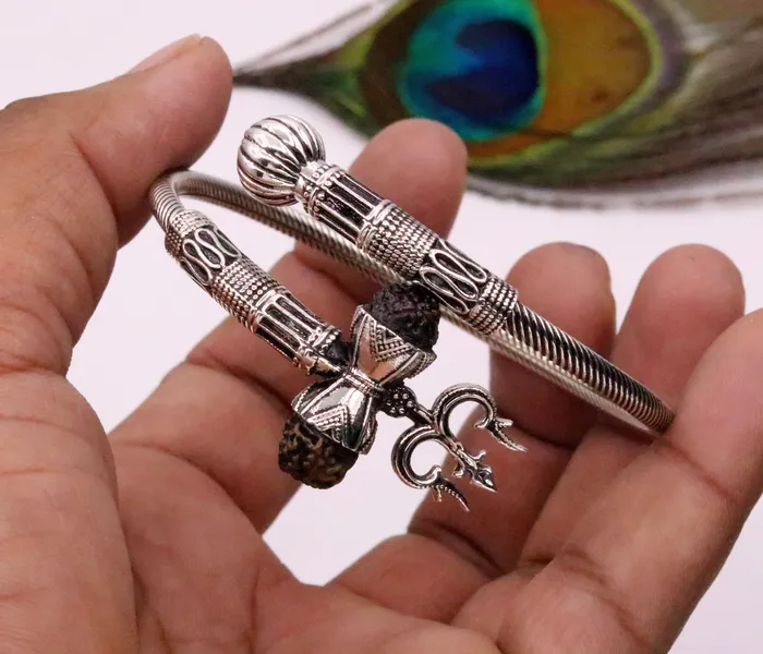 Bracelets 925 sterling handmade gorgeous Rudraksha beads shiva trident kada bahubali kada vintage designer kada bracelet unisex nsk82 TRIBAL ORNAMENTS