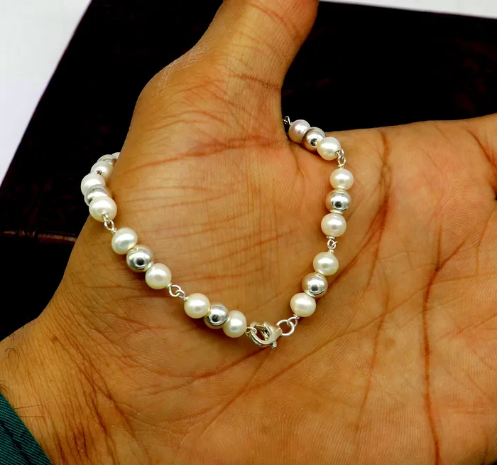 Bracelets 925 sterling silver handmade 55 mm round beads balls pearl bracelet fabulous customized 75long beaded bracelet stylish gift sbr212 TRIBAL ORNAMENTS