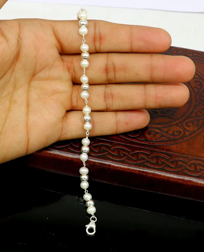 Bracelets 925 sterling silver handmade 55 mm round beads balls pearl bracelet fabulous customized 75long beaded bracelet stylish gift sbr212 TRIBAL ORNAMENTS