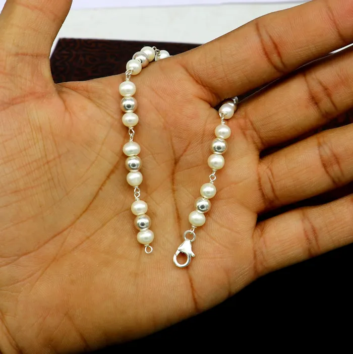 Bracelets 925 sterling silver handmade 55 mm round beads balls pearl bracelet fabulous customized 75long beaded bracelet stylish gift sbr212 TRIBAL ORNAMENTS