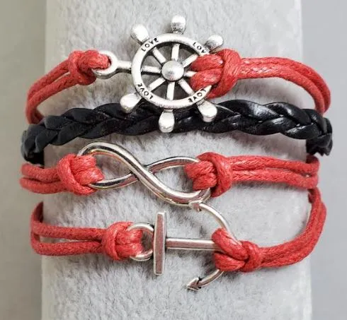 Bracelets alice AZ1355 Red Black Ship Wheel Anchor Infinity Layer Leather Bracelet