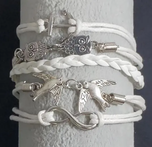 Bracelets alice AZ659 White Anchor Owl Dove Infinity Leather Layer Bracelet