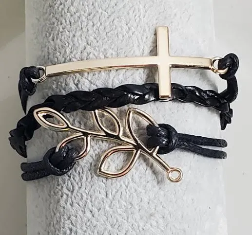 Bracelets alice AZ719 Black Rose Gold Cross Leaf Leather Layer Bracelet