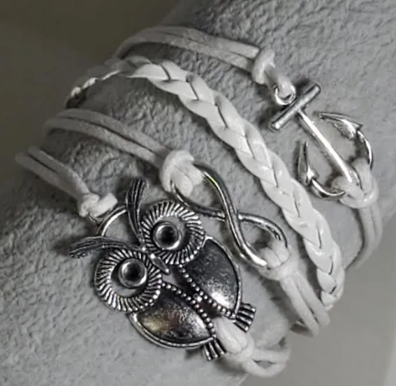 Bracelets alice B95 White Owl Anchor Layer Leather Bracelet