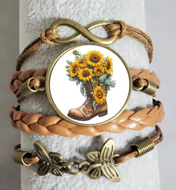Bracelets polly AZ1425 Brown Sunflower Boot Leather Layered Bracelet