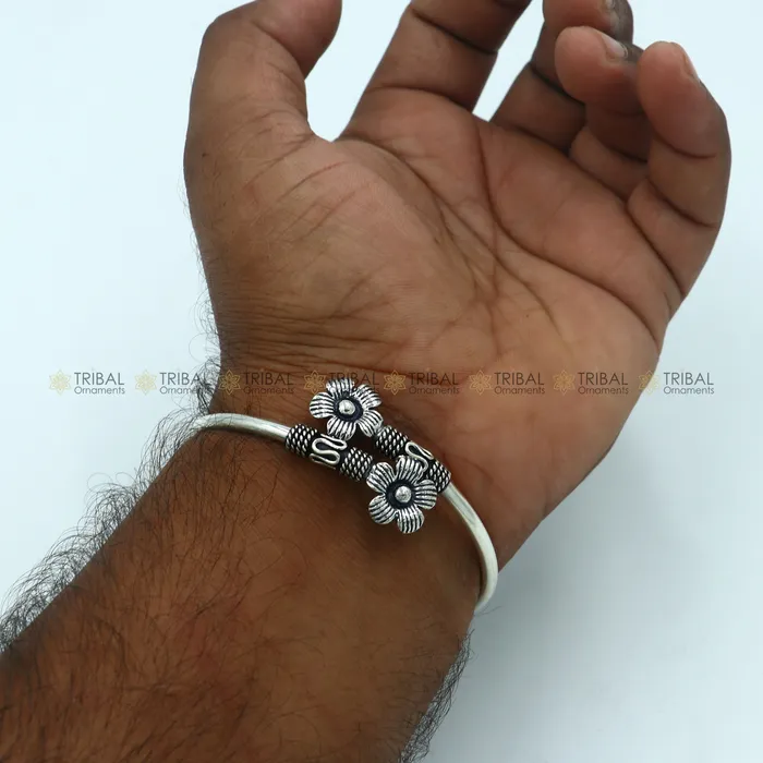 Bracelets TRIBAL ORNAMENTS 925 sterling silver handmade double flower design stylish kada bangle bracelet tribal jewelry nsk867 Bracelets TRIBAL ORNAMENTS 925 sterling silver handmade double flower design stylish kada bangle bracelet tribal jewelry nsk867