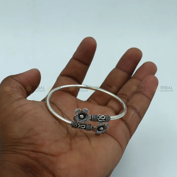 Bracelets TRIBAL ORNAMENTS 925 sterling silver handmade double flower design stylish kada bangle bracelet tribal jewelry nsk867 Bracelets TRIBAL ORNAMENTS 925 sterling silver handmade double flower design stylish kada bangle bracelet tribal jewelry nsk867