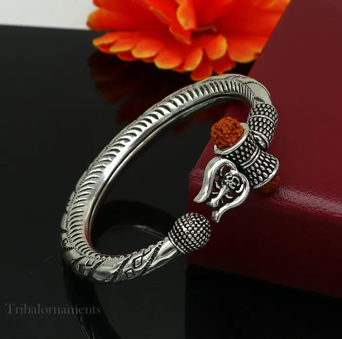 Bracelets TRIBAL ORNAMENTS Divine Lord Shiva trident trishul trishool kada 925 Sterling silver handmade bangle bracelet with natural Rudraksha magical kada nsk383