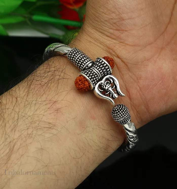Bracelets TRIBAL ORNAMENTS Divine Lord Shiva trident trishul trishool kada 925 Sterling silver handmade bangle bracelet with natural Rudraksha magical kada nsk383