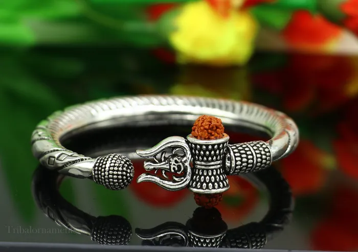 Bracelets TRIBAL ORNAMENTS Divine Lord Shiva trident trishul trishool kada 925 Sterling silver handmade bangle bracelet with natural Rudraksha magical kada nsk383