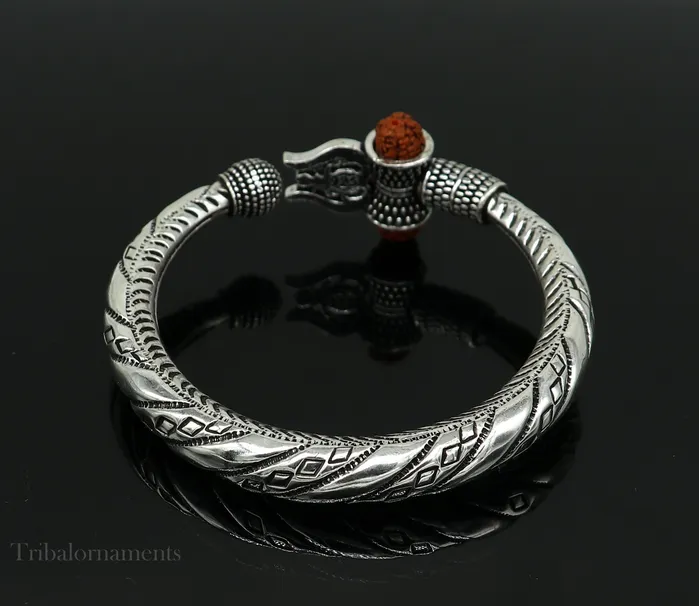 Bracelets TRIBAL ORNAMENTS Divine Lord Shiva trident trishul trishool kada 925 Sterling silver handmade bangle bracelet with natural Rudraksha magical kada nsk383