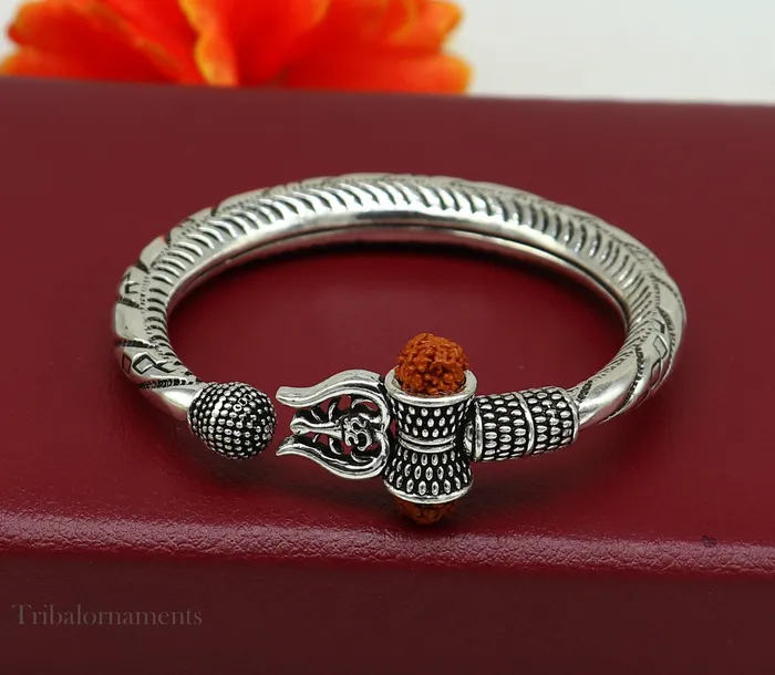 Bracelets TRIBAL ORNAMENTS Divine Lord Shiva trident trishul trishool kada 925 Sterling silver handmade bangle bracelet with natural Rudraksha magical kada nsk383
