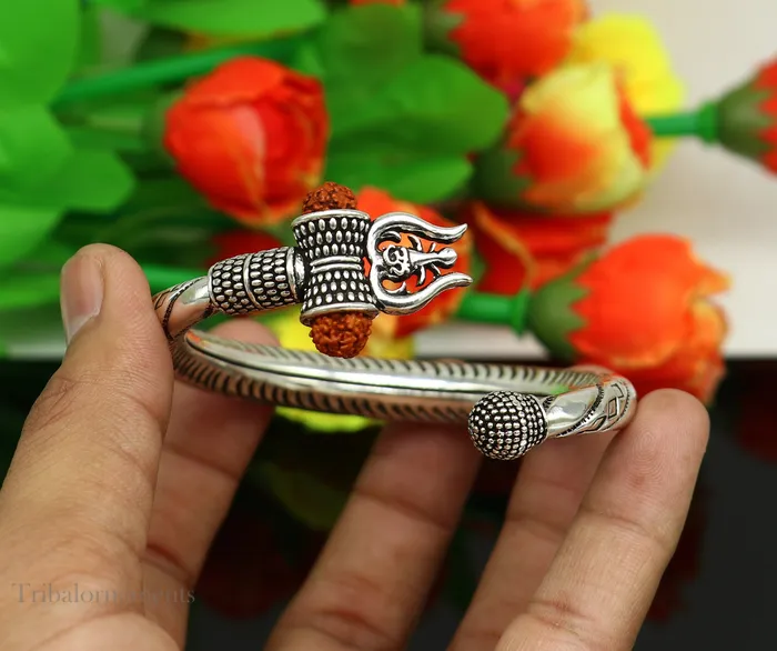 Bracelets TRIBAL ORNAMENTS Divine Lord Shiva trident trishul trishool kada 925 Sterling silver handmade bangle bracelet with natural Rudraksha magical kada nsk383