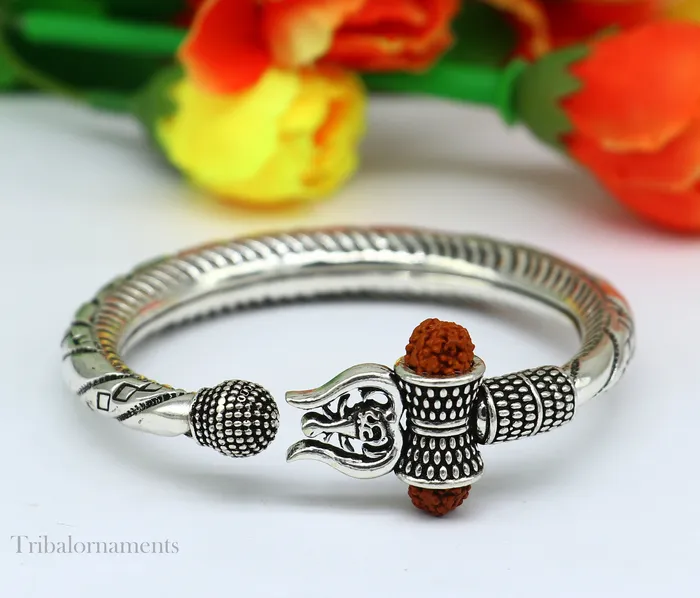 Bracelets TRIBAL ORNAMENTS Divine Lord Shiva trident trishul trishool kada 925 Sterling silver handmade bangle bracelet with natural Rudraksha magical kada nsk383