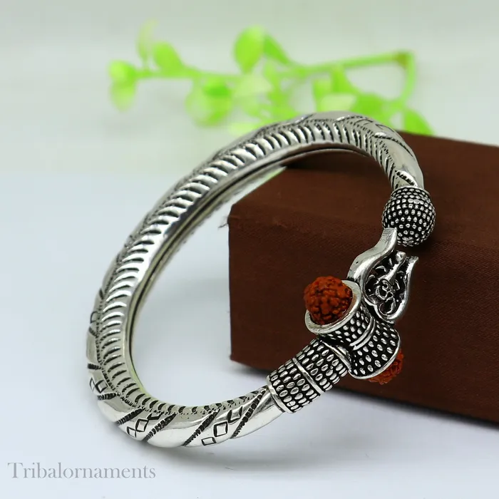 Bracelets TRIBAL ORNAMENTS Divine Lord Shiva trident trishul trishool kada 925 Sterling silver handmade bangle bracelet with natural Rudraksha magical kada nsk383