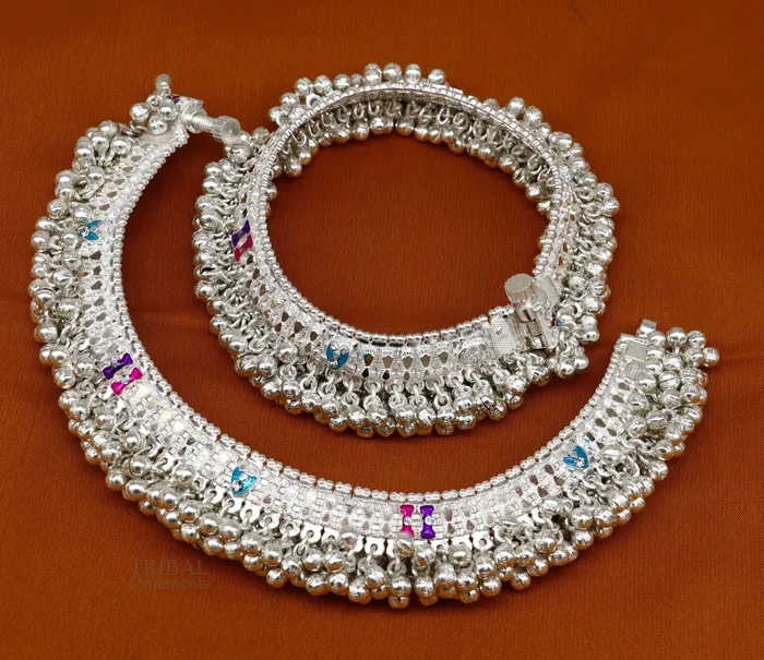 Bracelets TRIBAL ORNAMENTS Wonderful noisy jingling bells heavy solid silver anklet excellent foot charm bracelet amazing belly dance tribal jewelry india ank456