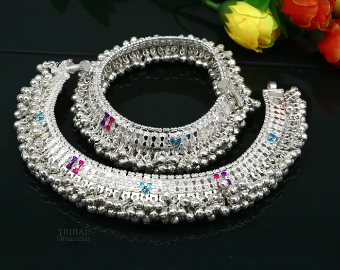Bracelets TRIBAL ORNAMENTS Wonderful noisy jingling bells heavy solid silver anklet excellent foot charm bracelet amazing belly dance tribal jewelry india ank456