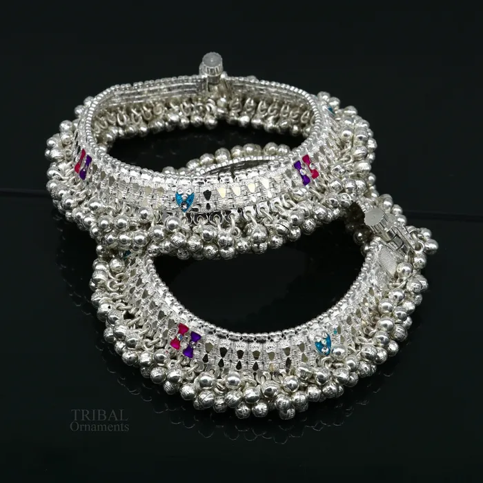 Bracelets TRIBAL ORNAMENTS Wonderful noisy jingling bells heavy solid silver anklet excellent foot charm bracelet amazing belly dance tribal jewelry india ank456