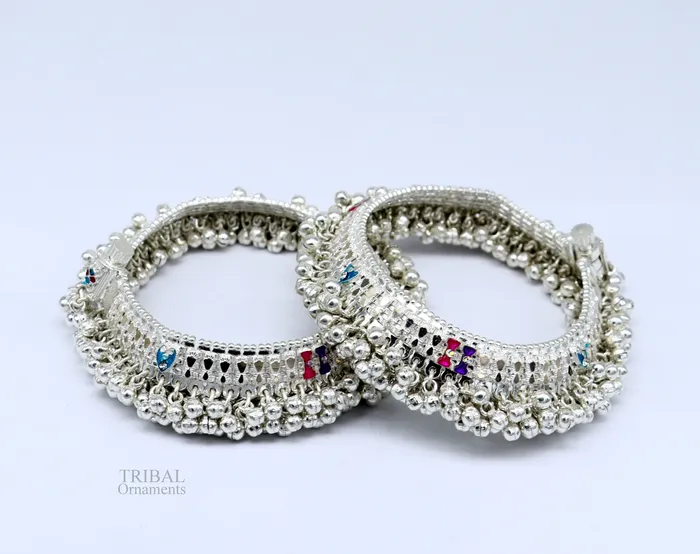Bracelets TRIBAL ORNAMENTS Wonderful noisy jingling bells heavy solid silver anklet excellent foot charm bracelet amazing belly dance tribal jewelry india ank456