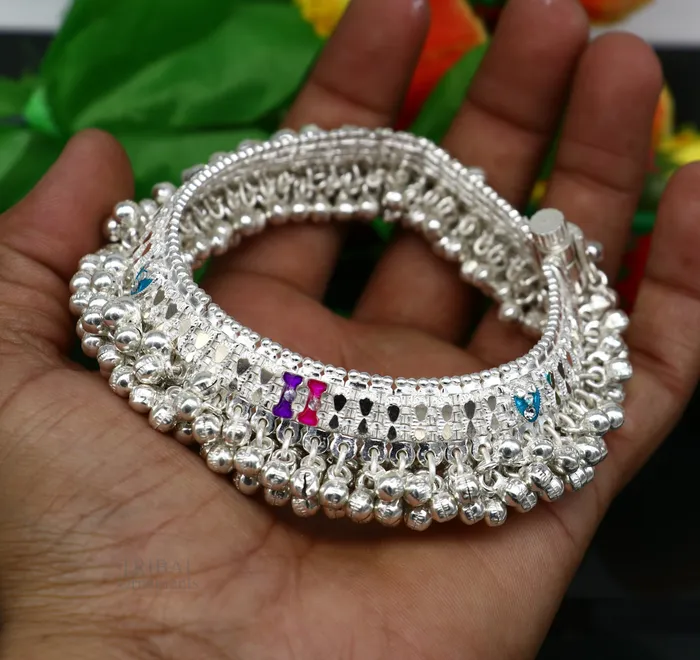 Bracelets TRIBAL ORNAMENTS Wonderful noisy jingling bells heavy solid silver anklet excellent foot charm bracelet amazing belly dance tribal jewelry india ank456