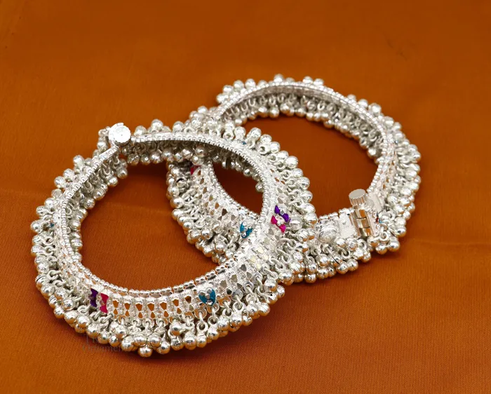 Bracelets TRIBAL ORNAMENTS Wonderful noisy jingling bells heavy solid silver anklet excellent foot charm bracelet amazing belly dance tribal jewelry india ank456