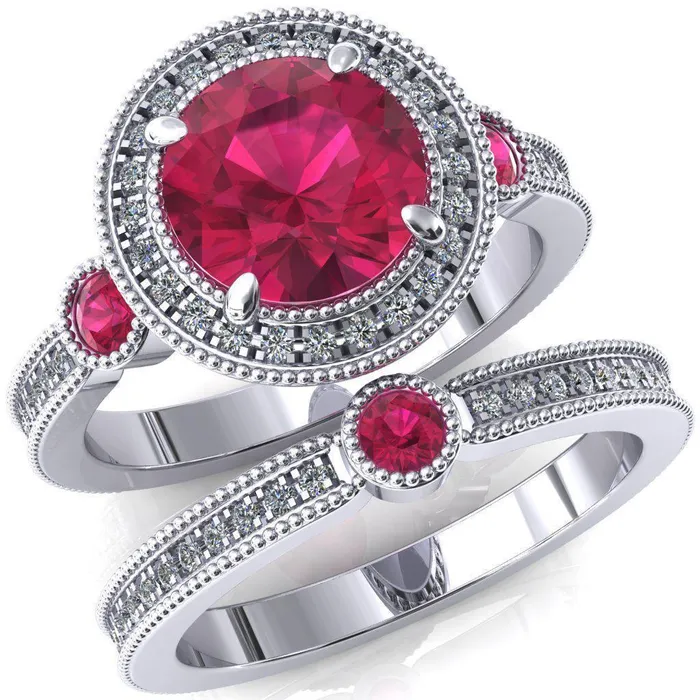 Brachium Round Ruby Bezel Milgrain Halo 34 Eternity Accent Diamond Ring Fire Brilliance Rings Brachium Round Ruby Bezel Milgrain Halo 34 Eternity Accent Diamond Ring Fire Brilliance Rings