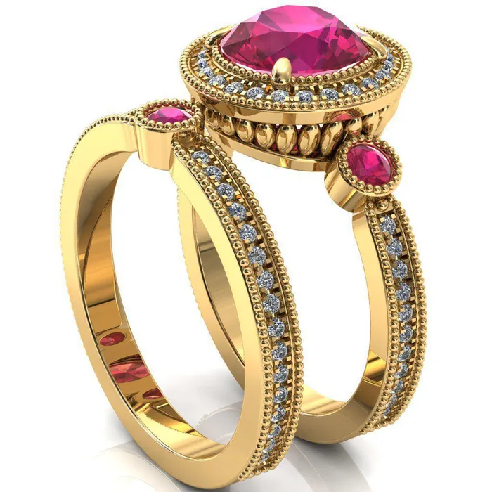 Brachium Round Ruby Bezel Milgrain Halo 34 Eternity Accent Diamond Ring Fire Brilliance Rings