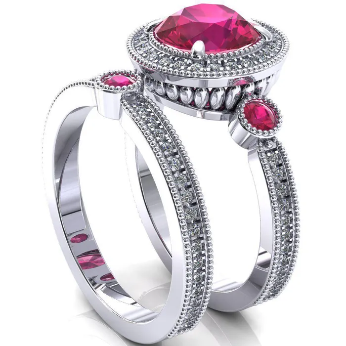 Brachium Round Ruby Bezel Milgrain Halo 34 Eternity Accent Diamond Ring Fire Brilliance Rings