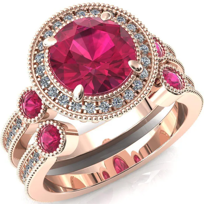 Brachium Round Ruby Bezel Milgrain Halo 34 Eternity Accent Diamond Ring Fire Brilliance Rings